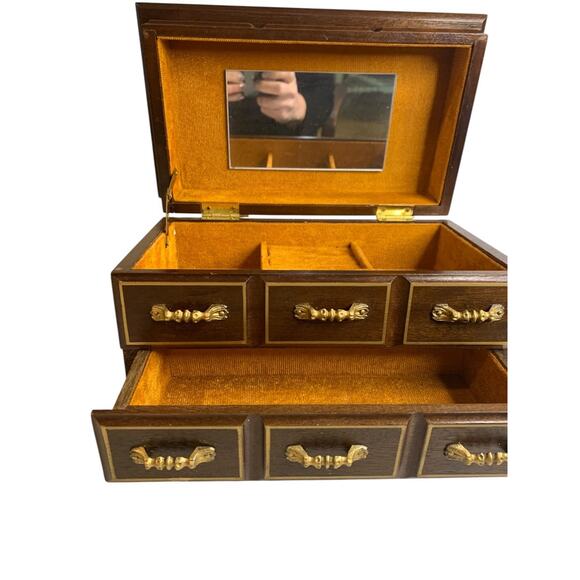 Vintage Refreshed Wood Goldtone Musical Jewelry Box Mirror - Picture 8 of 10